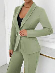 SHEIN SXY Conjunto de blazer y pantalón de mujer con solapa entallada y abotonadura sencilla, elegante para otoño/invierno - verde menta - Ver 7