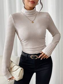 SHEIN Frenchy Áo thun nữ cổ lọ kẻ sọc dài tay ôm vừa vặn cho mùa thu - Màu be - Xem 6