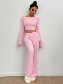 SHEIN Unity 2pcs/Set Casual Versatile Off-Shoulder Knit Sweater - Pink - View 1