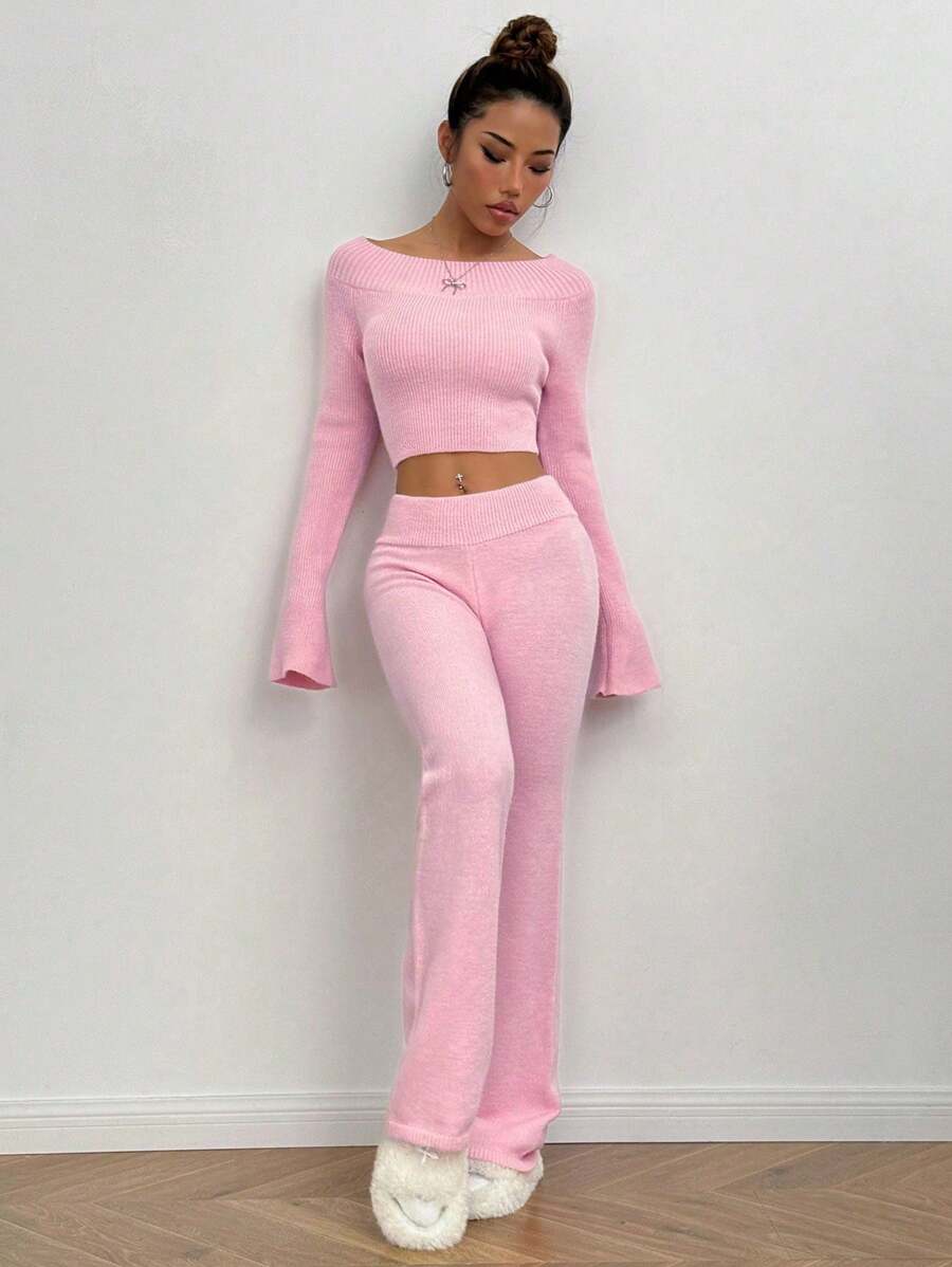 SHEIN Unity 2pcs/Set Casual Versatile Off-Shoulder Knit Sweater - Pink - View 1
