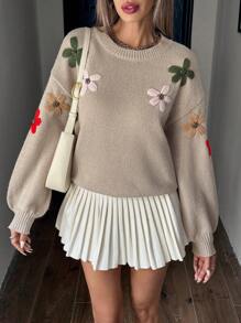 Chiquease 女士手工刺绣花卉超大落肩长袖毛衣、长袖上衣