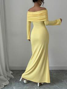 Rafferiza Váy len dệt kim co giãn nhún bèo trễ vai thanh lịch quyến rũ màu mù tạt với thiết kế viền đuôi cá peplum, dành cho mùa đông - Màu vàng - Xem 2