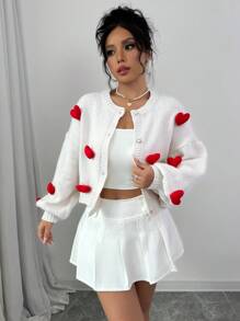 Chiquease 女士 2024 圆领泡泡袖心形开衫 - 米色 - 查看 1