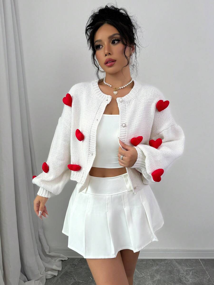 Chiquease 女士 2024 圆领泡泡袖心形开衫 - 米色 - 查看 1