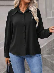 Vionelle 大码女式纯色简约日常纽扣长袖黑色衬衫 - 黑色 - 查看 6