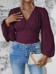 Franclia Blusa de manga larga con cuello en V en unicolor, drapeado y retorcido para tallas grandes