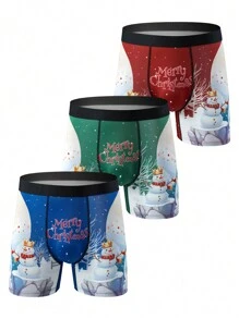 3pcs/Set Men's Christmas Cartoon Snowman Print Comfortable Boxer Briefs - Multicolor - View 1