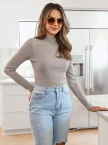 SHEIN LUNE Women's Casual Camel Color Ribbed Drop Shoulder Long Sleeve T-Shirt - Camel - View 5