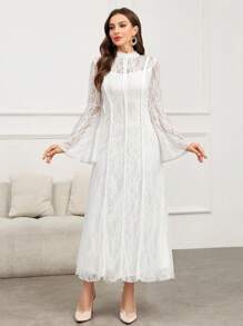 Modelyn Đầm Maxi Ả Rập dài tay xòe ren trơn màu thanh lịch, mùa thu - trắng - Xem 3