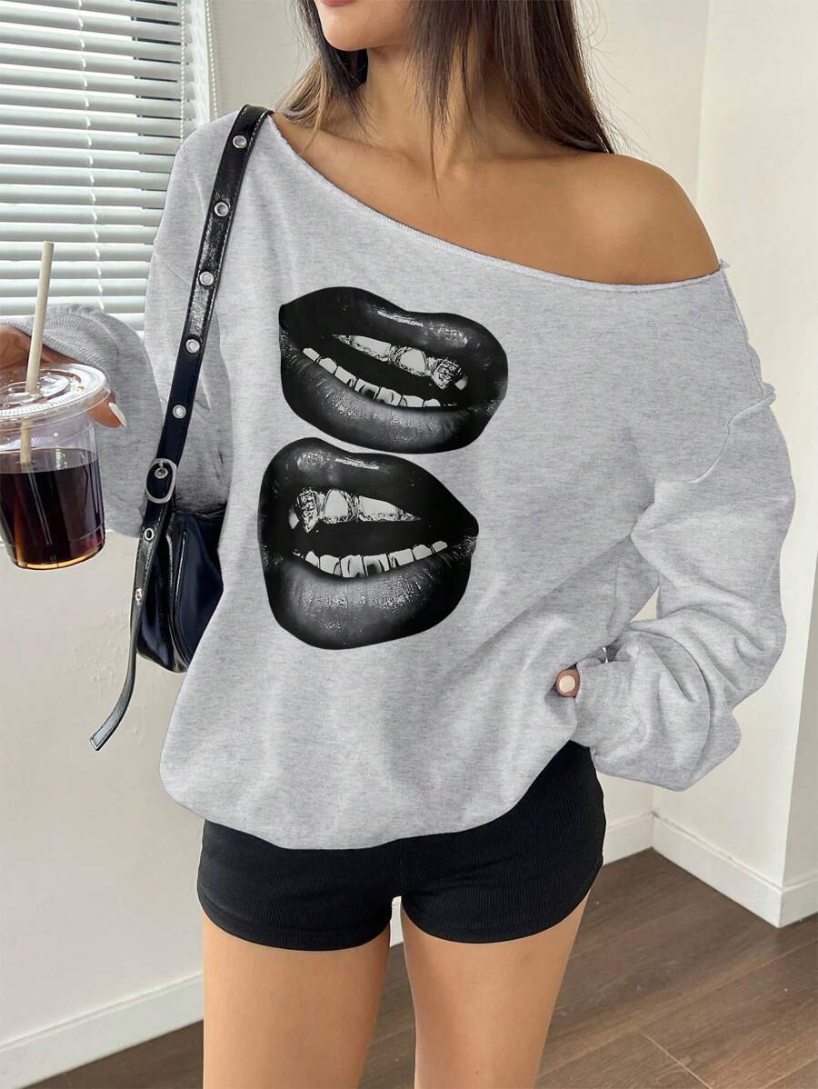 Flirla Women's Autumn Lip Print Asymmetric Collar Loose Y2K Style Sweatshirt Graduation,Back To School Outfits,Graduation,Teacher Outfits For Women,Back To School Pullover Fall Outfit - Grey - View 1