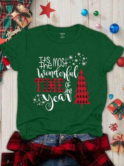 SHEIN LUNE Plus Size Women's Merry Christmas Tree It's Most The Wonderful TIME Of The Year Pattern Printed T-Shirt Graphic Tees Women Tops