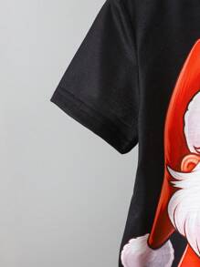 Young Boy Santa Claus Print Short Sleeve T-Shirt And Shorts Set, Adding A Festive Joyful Mood To The Summer Outfit, For Christmas