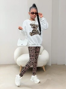 SHEIN 青少年女孩休闲针织圆领长袖上衣和弹性袖口裤子套装 - 彩色 - 查看 7