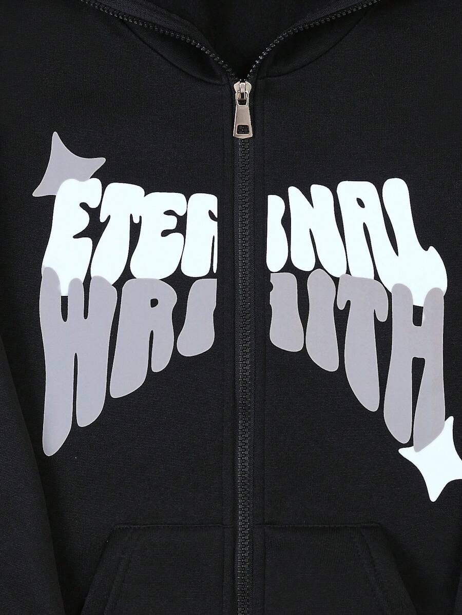 Tween Boy Casual Letter Print Hooded Zip Up Fleece Sweatshirt, Autumn