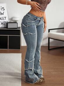 SHEIN Tall Versatile Butterfly Pattern Frayed Hem Flare Jeans, Suitable For All Seasons - Blue - View 4