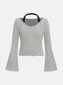 SHEIN 2pcs Tween Girl Knitted Halter Flare Sleeve Crop Top & Flare Hem Bowknot Pants Set, Fashion Fall/Winter Outfit - Multicolor - View 3