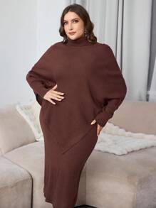 Mulvari Plus Size Solid Color High Neck Poncho Sweater & Skirt Set For Autumn/Winter, Fall Clothes - Coffee Brown - View 3