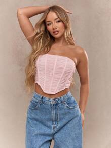 MISSGUIDED Ruched Boned Corset Curve Hem Bandeau Top - Pink - View 3