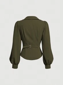 SHEIN MOD Áo cánh dài tay nhún bèo nhún màu trơn thanh lịch cho nữ, mùa thu - xanh quân đội - Xem 2
