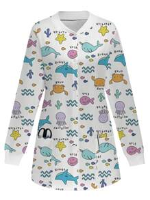 PopScrub Cute Cartoon Ocean-Themed Scrub Uniform Jacket - White - View 3