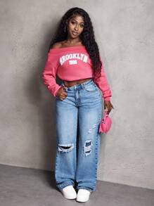 SHEIN Slayr Quần jeans ống rộng cạp cao rách đơn giản cho nữ, phù hợp với mọi mùa - Rửa trung bình - Xem 4