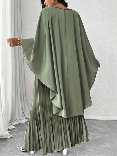 Elenzga Plus Size löst sittande ponchotopp med V-ringad + Satinveckad Maxikjol i två delar, elegant för utflykter och sammankomster