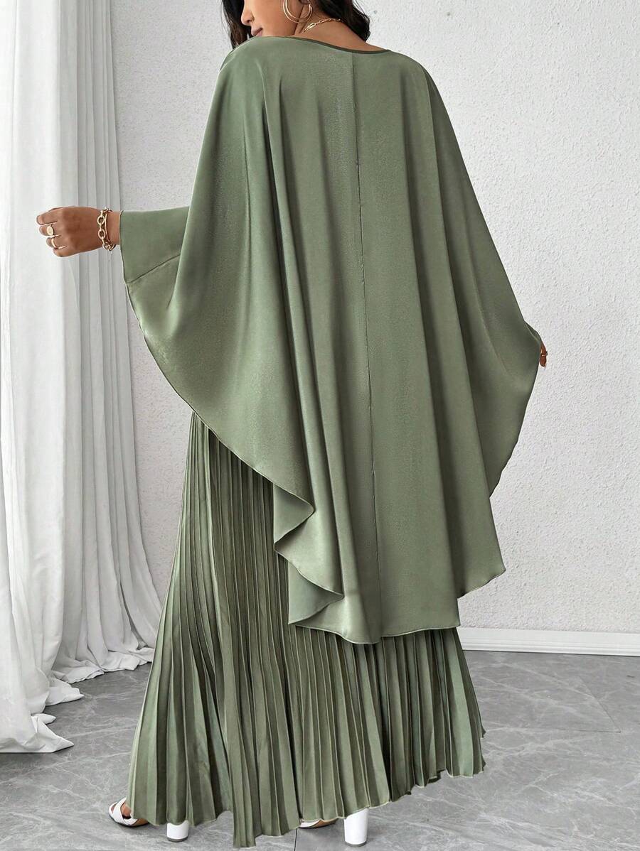 Elenzga 大码宽松 V 领斗篷上衣 + 缎面褶皱长裙两件套，优雅出游和聚会之选