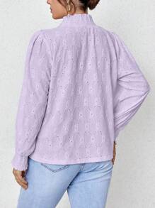 Franclia Áo kiểu nữ cỡ lớn màu trơn khoét rỗng, cổ bèo nhún, tay dài, chất liệu jacquard, thích hợp cho mùa xuân/thu. - Màu tím hoa cà - Xem 2