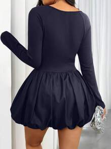 Flirla Plus Size Casual Solid Color Patchwork Ruffled Hem Long Dress, Autumn - Navy Blue - View 2