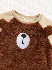 Cozy Pixies 男婴撞色熊图案羊毛加厚圆领插肩袖套头衫 - 棕色 - 查看 6