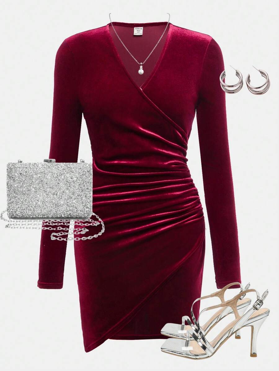 SHEIN Teen Girls' Burgundy Velvet Elegant Ruched Waist Mini Dress With Long Sleeves - Burgundy - View 1