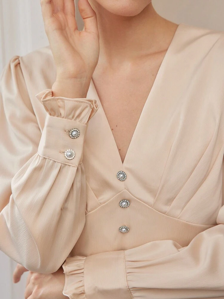 SATIN V-NECK FLARE SLEEVE FOLD PLEATED BUSTIER BLOUSE