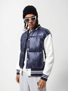 Teen Boy Padded Coat Teenage Boys Casual Patchwork Design Winter Outerwear - Blue - View 1