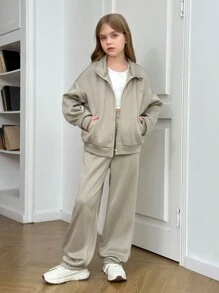 SHEIN 2 件 Tween 女童休闲宽松连帽衫和抽绳裤套装 - 卡其色 - 查看 7
