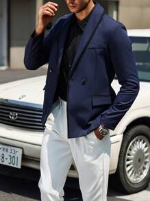 Manfinity Bizformal Men Solid Colored Double-Breasted Casual Long Sleeve Blazer - Navy Blue - View 3