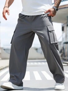 Manfinity Homme 大码男士休闲抽绳腰实用工装裤，秋季外出纯色长款休闲直筒浅灰色裤子，适合丈夫、男朋友的礼物，秋季 - 灰色 - 查看 5