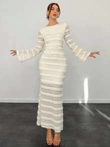 Aloruh 女士优雅蕾丝露背系带连衣裙，米白色夏季派对白色毕业返校节美人鱼服装仙女镂空冬季服装 - 杏色 - 查看 3
