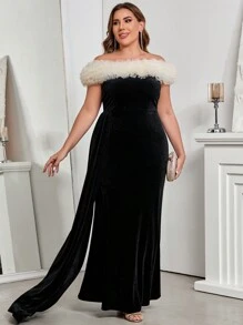 SHEIN Belle 优雅天鹅绒大码露肩荷叶边长款晚礼服，黑色正式舞会礼服，适合婚礼嘉宾、毕业典礼、晚宴