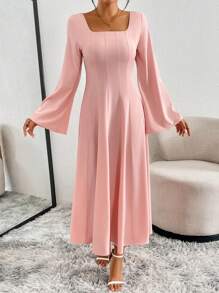 Chiquease 1 件女士纯色方领长款优雅束腰长袖连衣裙超长款女装 - 粉色 - 查看 4