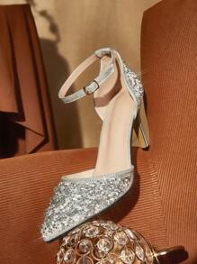 CUCCOO TILAWA Fashionable Pointed Toe Fully Studded Sexy Hollow-Out Evening Sandals New Year Holiday Valentines - Silver - View 7