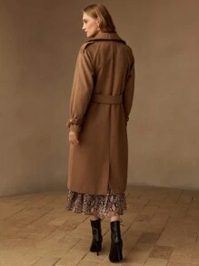 MOTF WOOL CONTRAST STITCH TRIM SLANT POCKET BUCKLE BELTED OVERCOAT - Camel - View 6