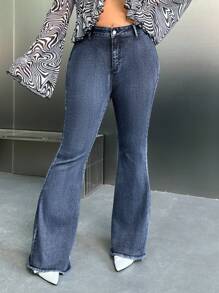 SHEIN ICON Plus Size Front Button Simple Flared Jeans, Casual Daily Wear