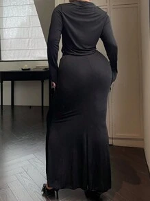 Flirla Plus Size Women 2pcs Set: Front Tie Long Sleeve Top And Body-Hugging Skirt, Stylish For Autumn Fall Cloth For Women - Black - View 4