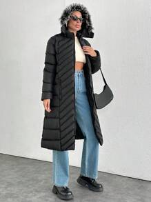 EURMUSE Fur And Zipper Added Padded Long Padded Winter Coat - Black - View 5