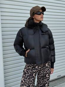 EURMUSE Zip Up Bright Hooded Slant Puffer Padded Coat - Black - View 3