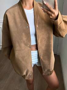 DAZY 女士纯色宽松长袖口袋棒球夹克，秋季女装