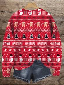 SHEIN LUNE 女式加大码圣诞图案宽松圆领长袖套头衫 - 紅色 - 查看 3