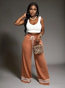 Slaydiva Nuevos pantalones de chándal de pierna ancha con cintura elástica a rayas - Marrón - Óxido marrón - Ver 3
