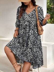SHEIN LUNE Vestido de manga larga con escote en V y estampado de leopardo para tallas grandes - Multicolor - Ver 6