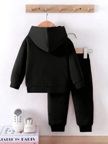 2pcs Young Girls Casual Cozy Butterfly Pattern Sweatshirt Set - Black - View 2